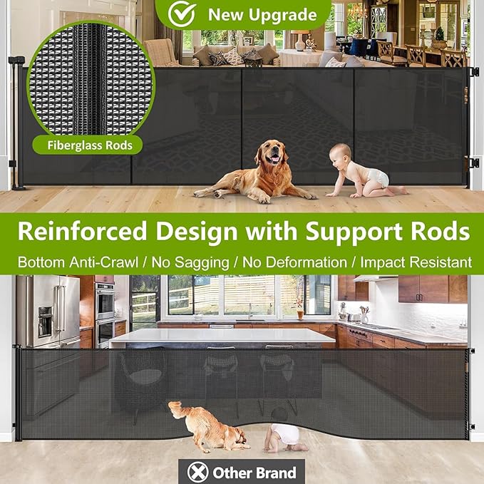 Reinforced 42" Tall Retractable Dog Gate, 155" Extra Long Retractable Baby Gate with Support Rods - Prevent Crawling Under, Indoor/Outdoor Retractable Gate Extra Tall Baby Gate Retractable Fence/Black