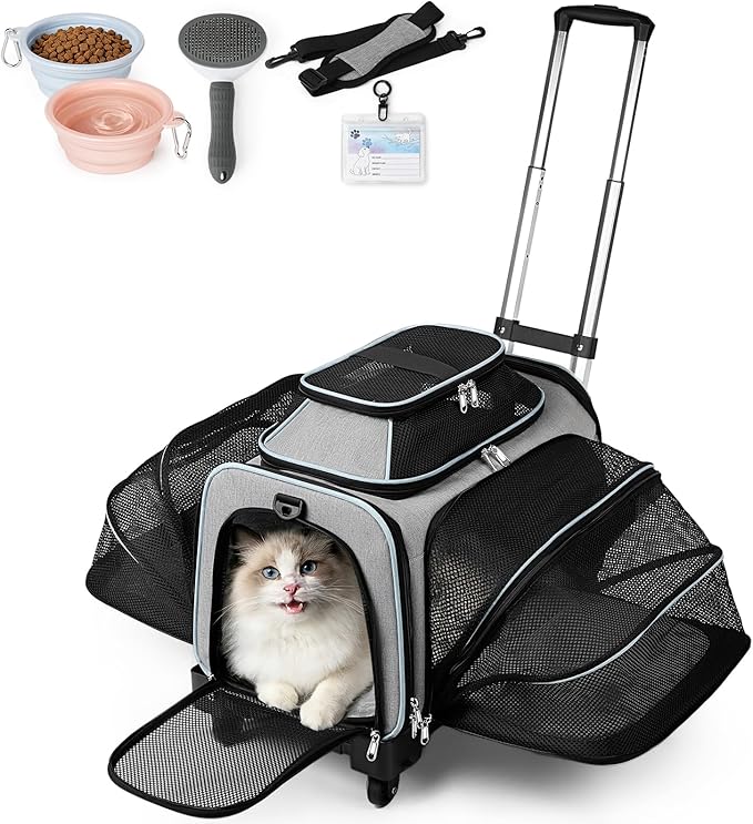 Airline Approved Pet Carrier with Wheels, Top & Side Expandable Soft-Sided Bag, 18x11x11 inches Fits Under Seat for Small Dogs Cats, Double-Sided Mat & ID Card for Travel Vet Visits Camping
