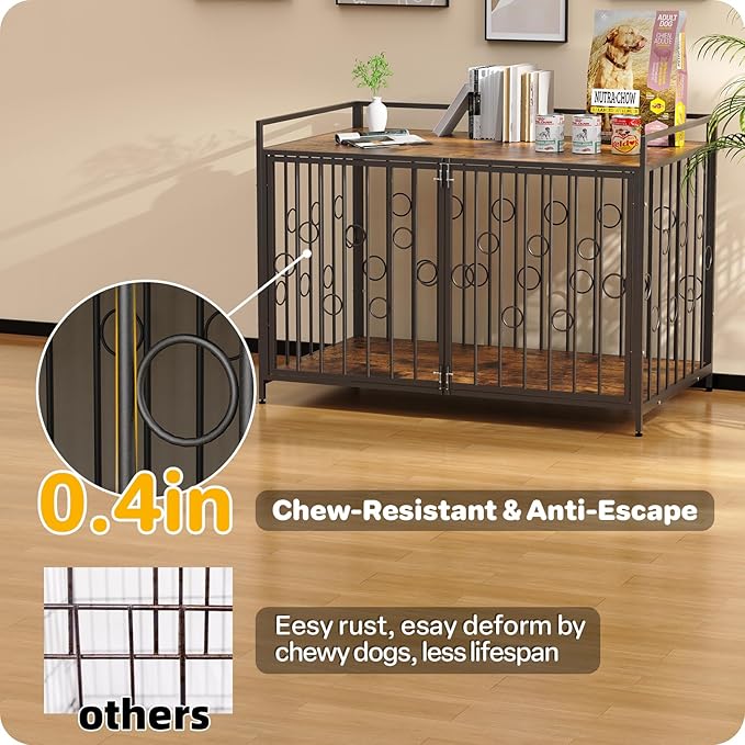 Medium Dog Crate Furniture Style, 42/48 inch Dog Crates for Medium Large Dogs, Indoor Decorative Wood Dog Crate Table with Storage Shelf, Unique Round Sturdy Pet Dog Kennel Indoor Furniture