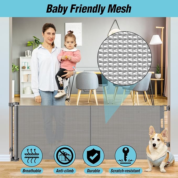 24 Inches Tall Retractable Baby gate for Dogs, Short Pet Gates to Step Over, Extends up to 55" Wide, Reinforced Mesh Doggie Gates for Indoors Outdoors Small Dog Gate for Stairs Puppy Gate (Grey)