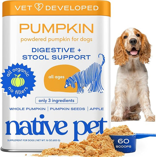 Native Pet Pumpkin for Dogs - Organic Dog Food Topper Powder - Promotes Firm Stools, Supports Digestive, Bowel Health & Nutrient Absorption - USDA Organic, Rich in Fiber with Real Pumpkin - 60 Scoops
