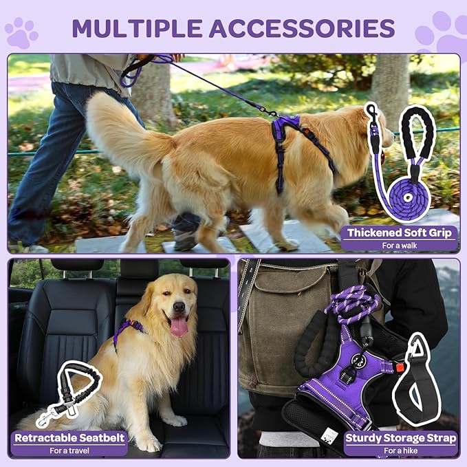 FURRYFECTION Plaid Dog Harness for Small Dogs, Reflective No Pull Adjustable Pet Vest with Front Clip, Leash, Easy Control Handle and Seat Belt, Purple, S