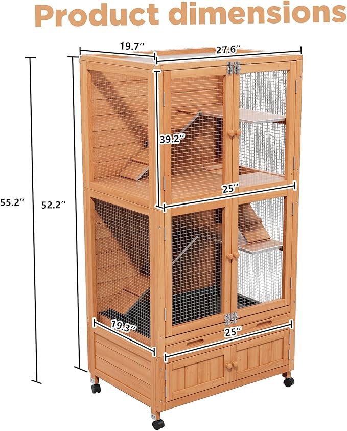 Wooden Hamster Cage, Large Double-Layered Hamster Cage with Storage Area, Deep Pull-Out Tray, and Aesthetically Pleasing and Convenient Magnetic Door Design. (Wood Color)