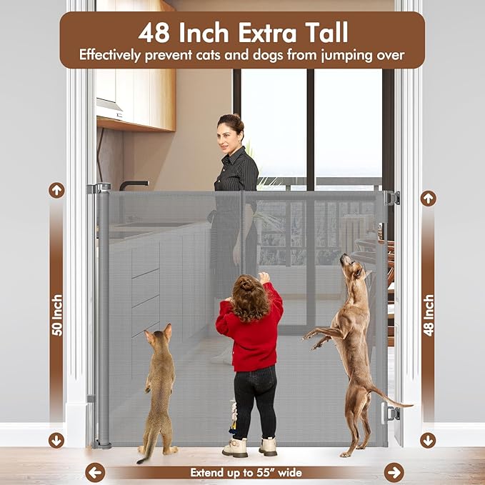 Reinforced 48" Extra Tall Dog Gate with Support Rods, 4 Ft Tall Retractable Dog Gates for Doorways 55" Wide Mesh Baby Gate for Cats - Prevent Baby/Pet from Jumping Over, Gray