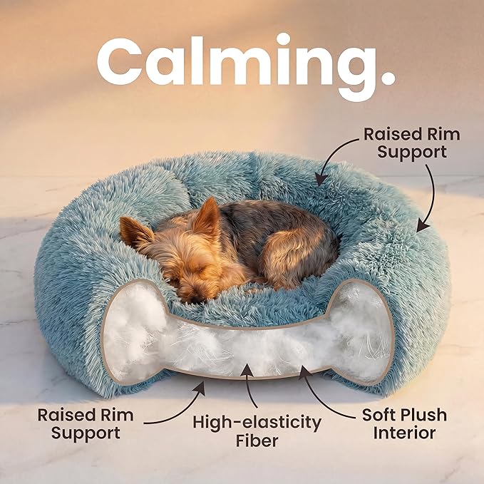 Extra Small Dog Bed 19 Inch,Calming Donut Puppy Bed,Ultra Soft Faux Fur Round Dog Bed for Chihuahua Yorkie Maltese Pomeranian,Blue