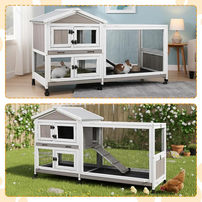 Gowoodhut Outdoor Rabbit Hutch Indoor Bunny Hutch 2 Story Weatherproof Bunny Cage with 6 Wheels, 3 Seperate Pull Out Trays, Safe Metal Run, Wooden Pet House for 1-3 Guinea Pigs, Hamster
