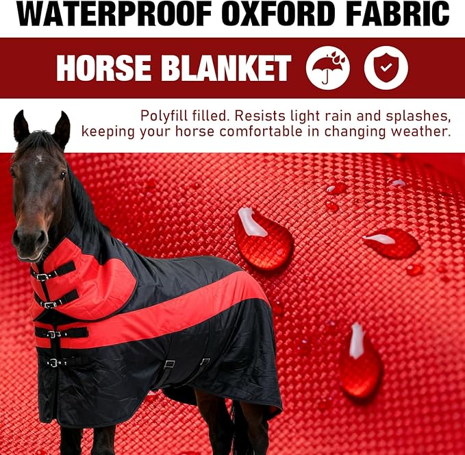 Horse Blankets Winter for Real Horses, 1600D Waterproof Poly Rain Sheets 81 in with Neck Cover Belly Wrap Tail Wrap Turnout Blanket, Stuff Care Medium Large Weight Heavy Outdoor Clothes Red Black