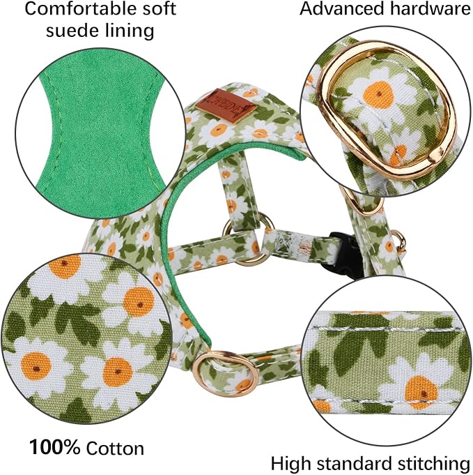 CHEDE No Pull Floral Pattern Dog Harness- Lightweight and Soft Harness, Adjustable Small Dog Harness and Leash Set, with Dog Leash, Suitable for Puppy Small and Medium-Sized Dog (XS, Green Daisy)