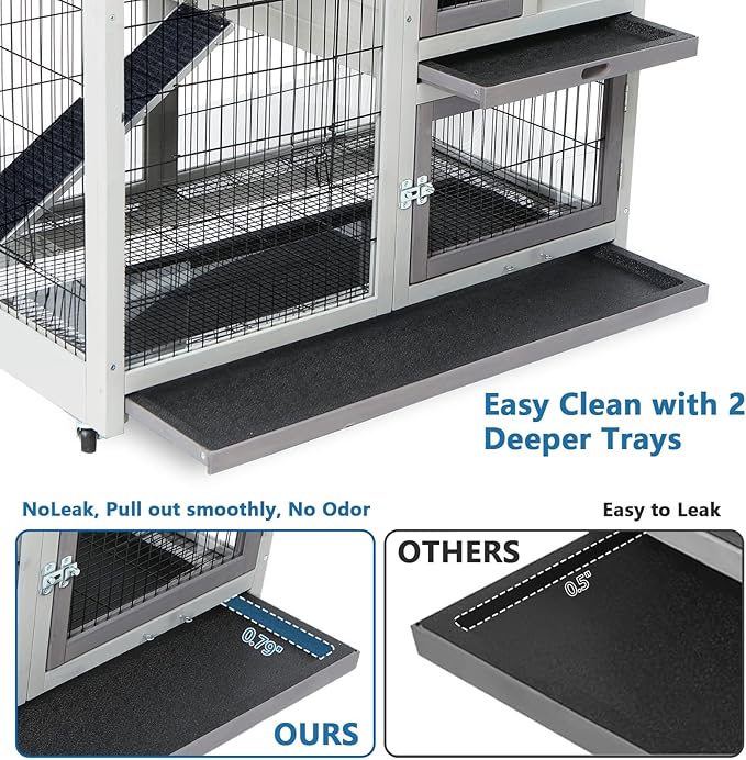 FunXplore Rabbit Hutch Indoor Outdoor Bunny Cage with Urine Guards 2 Storey Mobile Guinea Pig Cage Weatherproof Asphalt Roof Wire Bottom 2 Trays