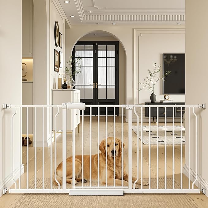 Extra Wide Walk Through Baby Gate with Door, 62.5-67 Inch Wide Presure Mounted No Drill Metal Auto Close Child Gate for Stair Doorway - Indoor Outdoor Safty Gate for Toddler Dog Doggie, White