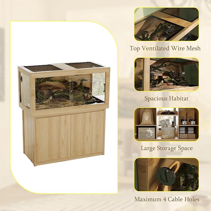 120 Gallon Reptile Tank, Terrarium Tank with Storage Cabinet, Breathable Wire Mesh Top and Wire Threading Holes, Large Reptile Enclosure with Spring Lock for Bread Dragon, Gecko, Log Color