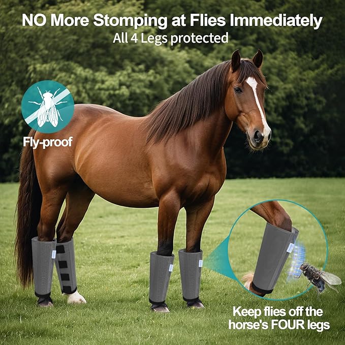 Mesh Horse Fly Boots Set of 4, Loose Fitting Leggings for Horses, Reduce Stressful Stomping, Breathable Adjustable and Universal Fit for 4 Legs, Reliable Stay Put (Dark Grey)