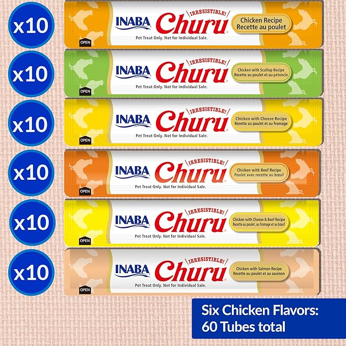 INABA Churu Cat Treats, Lickable, Squeezable Creamy Purée Cat Treat with Green Tea Extract & Taurine, 0.5 Ounces Each Tube, 60 Tubes, Chicken Variety Box - Image 6