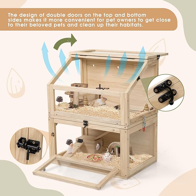 COZIWOW 2-Tier Wood Hamster Cage, Guinea Pig House with Hideouts, Ramps, Acrylic Window, Door Access, Detachable Squirrel Cage for Hedgehogs Gerbils Mice Small Animals, Natural