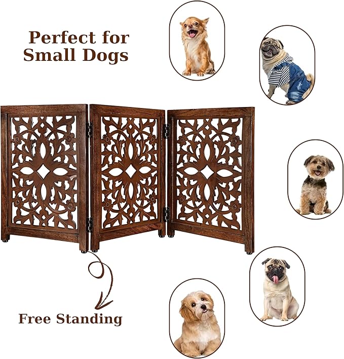 Lightnpro Wooden Pet Gate - Decorative Carved Foldable Dog Gate, Extra-Wide Freestanding Indoor Safety Fence for Dogs & Cats, Perfect for Stairs, Hallways & Home Décor - 24x18 Inch Natural Burnt
