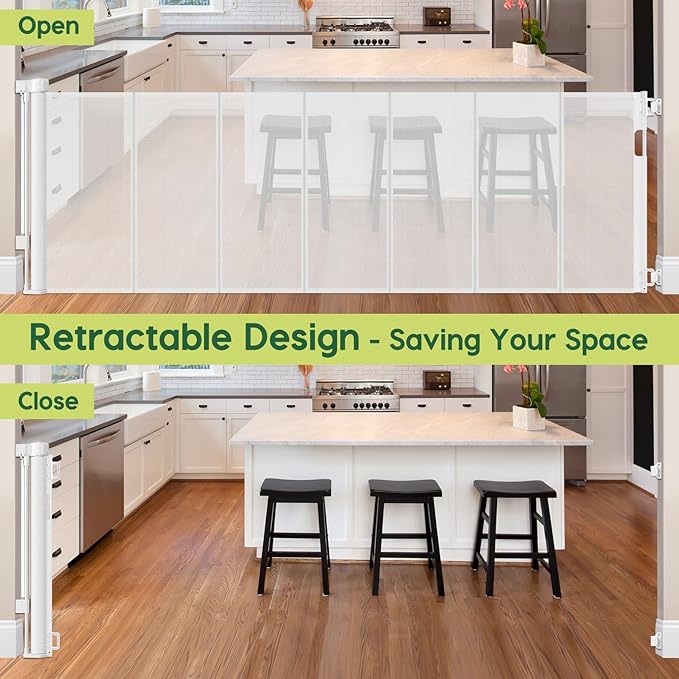 Reinforced 80 Inch Extra Wide Retractable Baby Gate with Support Rods, Indoor/Outdoor Retractable Pet Gates for Wide Openings, 33” Tall Mesh Dog Gate Indoor Extra Long Baby Gates for Decks, White