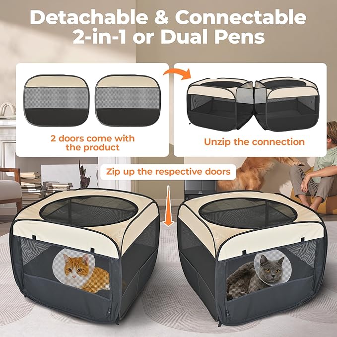2-in-1 Pop Up Cat Playpen, Detachable into 2 Separate Pens with Additional Doors, Assembly-Free Portable Dog Crates Pet Pen Tent Kennel Kitten Puppy Enclosure Cage Indoor Outdoor Foldable Condo(S)