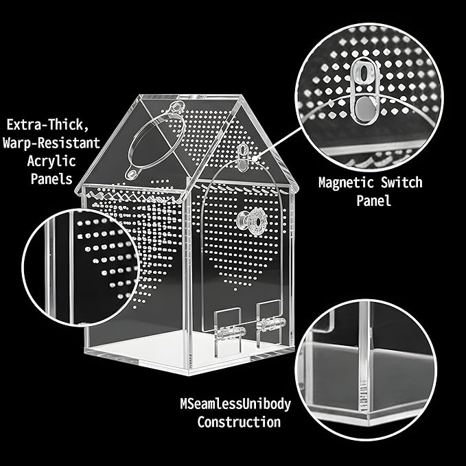 Jumping Spider Enclosure (5" *5" *8") Warp-Proof Seamless Acrylic Tarantula Terrarium with Magnetic Door & Feeding Hatch for Praying Mantis,Snail,Hermit Crabs,Reptile(Includes Decorative Accents)