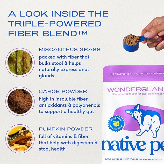 Native Pet WonderGland - Dog Anal Gland Supplement - Promotes Firm Stools, Natural Gland Expression to Help Reduce Scooting - Fiber Food Topper with Miscanthus Grass, Pumpkin & Probiotics - 30 Scoops