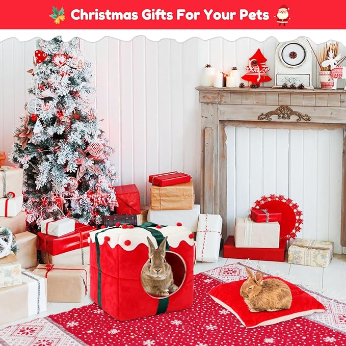 BWOGUE Christmas Rabbit Bed Large Rabbit House and Hideouts Warm Bunny Hut Cave for Bunny Guinea Pig Chinchilla