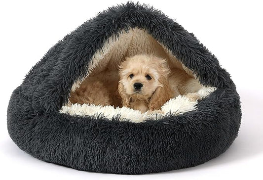 NOYAL Round Hooded Donut Dog Bed for Small & Medium Pets - Plush Fluffy Anti-Anxiety Cat Cave Bed with Cover