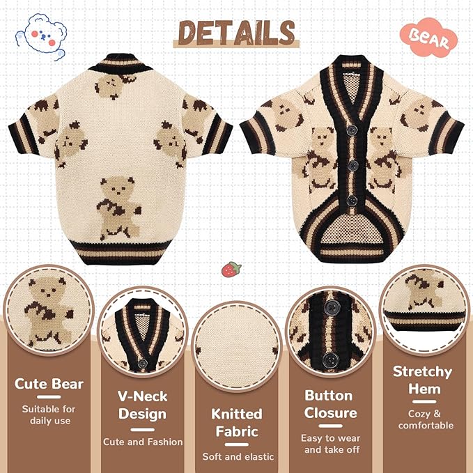 ABRRLO Small Dog Sweaters Cute Bear Dog Cardigans Clothes for Small Medium Dogs Boy Girl Puppy Cat Knitting Cardigan Outfits Dogs Winter Coats Warm Pet Doggy Clothes Soft Knitwear Apparel (Beige,XL)