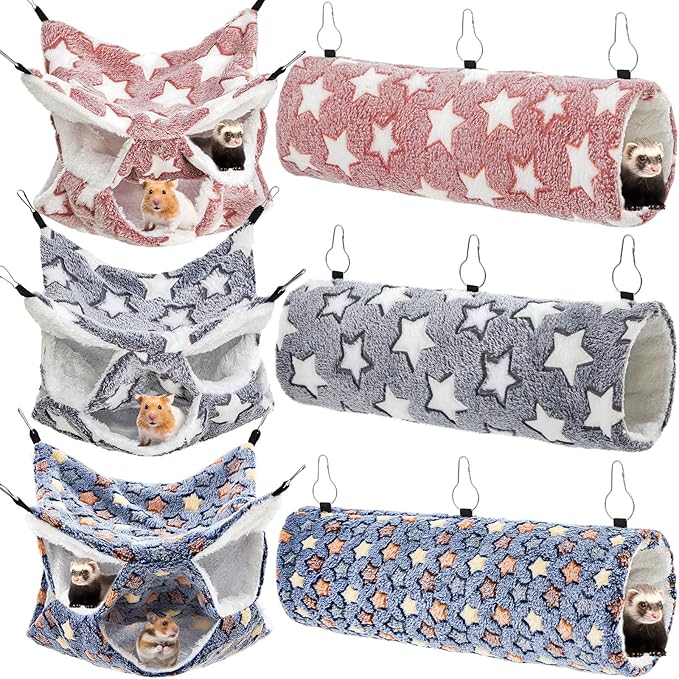 Sweetude 6 Pcs Rat Hammock Set Ferret Hanging Tunnel 3 Tier Guinea Pig Hammocks Hideout Soft Chinchilla Bed for Cage Accessories Hide,Play and Sleep (Dark Color Scheme,Star)