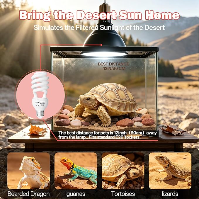 UVB Light for Reptiles 15.0: 26W UVA UVB Reptile Light Bulb for Intense Desert Species - Reptile UVB Light Terrarium Compact Fluorescent Lamp for Reptile and Amphibian with Free UV Sensor Card
