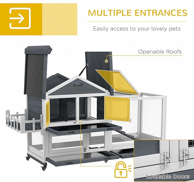 PawHut 65" Wooden Rabbit Hutch, Guinea Pig Hutch, Pet Playpen with Openable Roof, Bunny House Enclosure with Wheels, Storage Box, Slide-Out Tray, Ramp for Rabbits, Chickens, Ducks, Gray