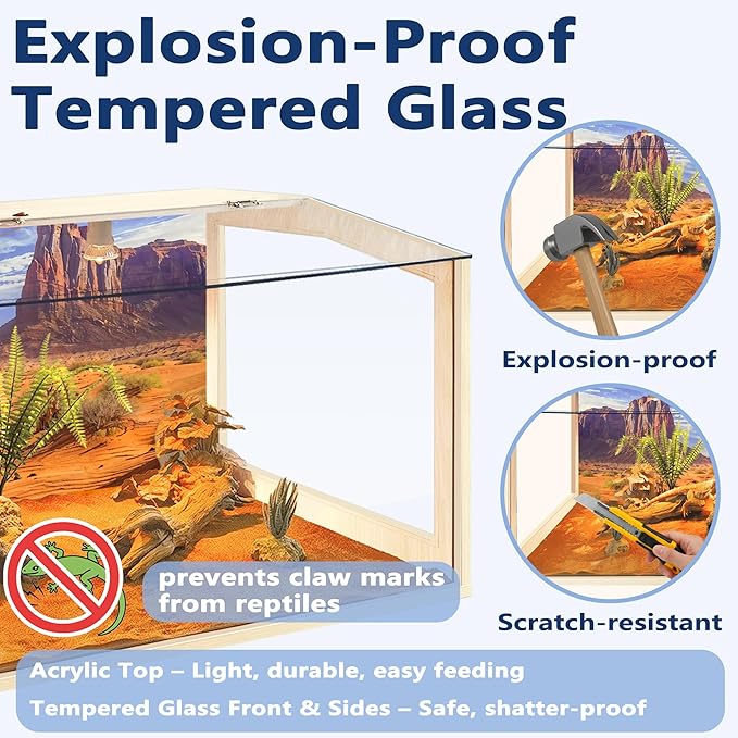 PROLEE Bearded Dragon Tank, Lizard Tank with Clear Tempered Glass Roof, Anti-Scratch Reptile Enclosure, Reptile Tank Built-in Light Fixtures with Switch (48X20X20inch,80 Gallons)