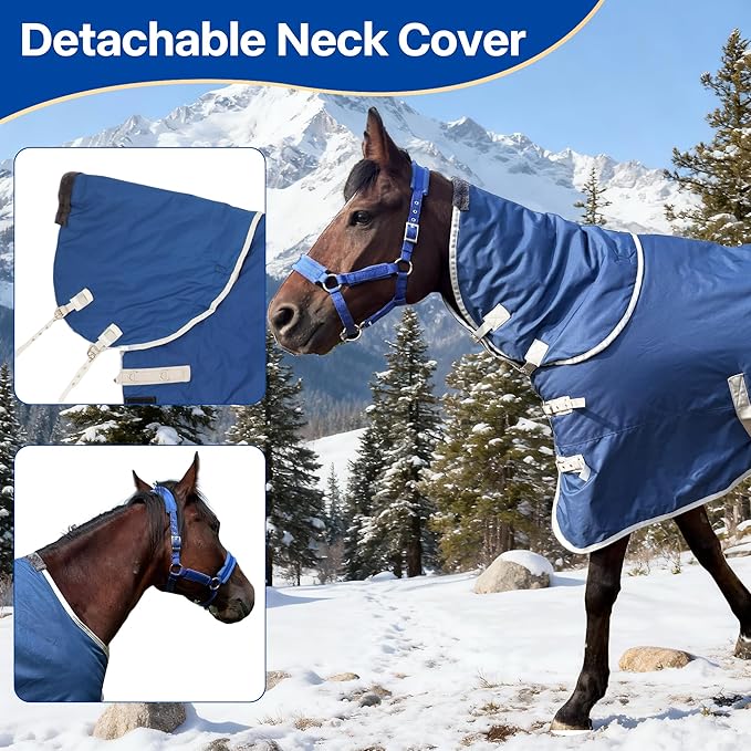 Winter 1200D Premium Turnout Horse Blanket,Medium Weight Waterproof Blanket (Back Length 78 inches (145cm) with Cover)