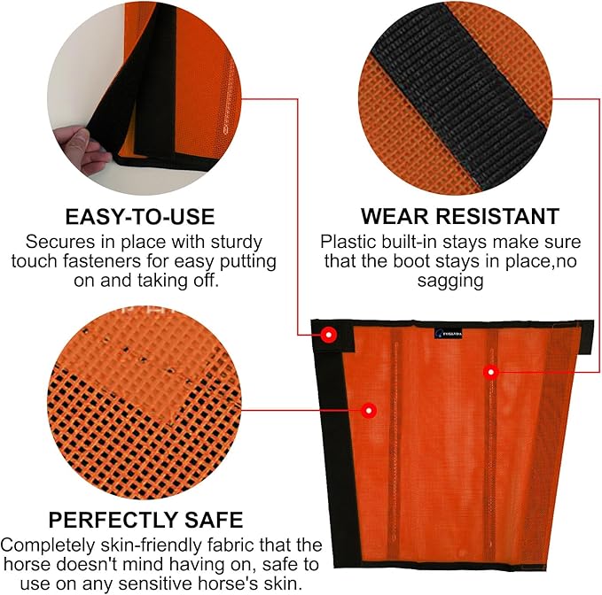 FOXLVDA Horse Fly Boots - Fly Boots for Horses Set of 8, Comfortable Horse Leggings, Mesh Material Design with Metal Support Bars for Reduces Stomping & Leg Fatigue (Blue-Orange, Large)