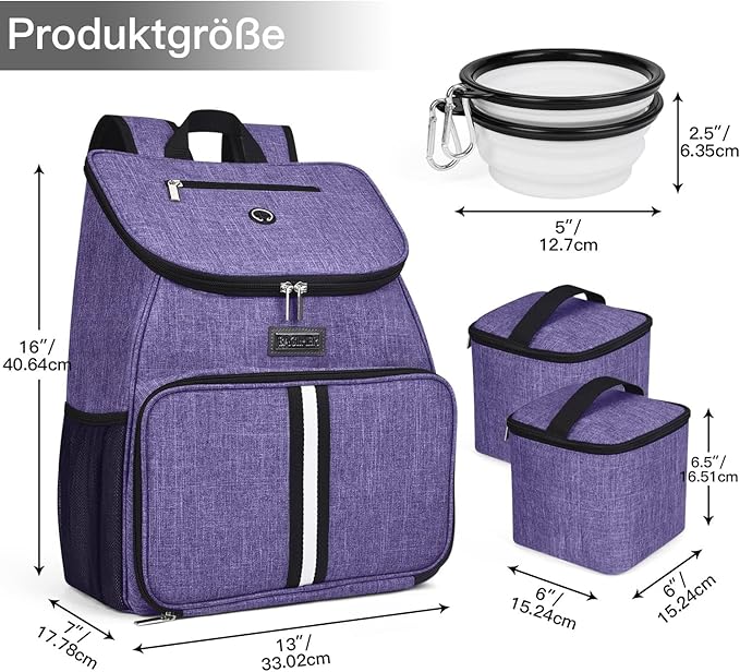BAGLHER丨Dog Travel Bag, Airline Approved Pet Supplies Backpack, Dog Travel Backpack Accessories Set with 2 Silicone Collapsible Bowls and 2 Food Baskets. Purple