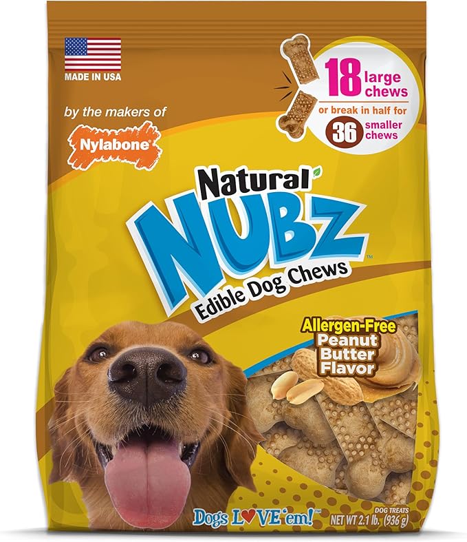 Nylabone Nubz Natural Dog Chews, Peanut Butter Flavor Treats for Large Dogs, Long Lasting Dog Chew Bones Made in the USA, Rawhide Free, for Dogs Over 30 lbs. (18 Count)
