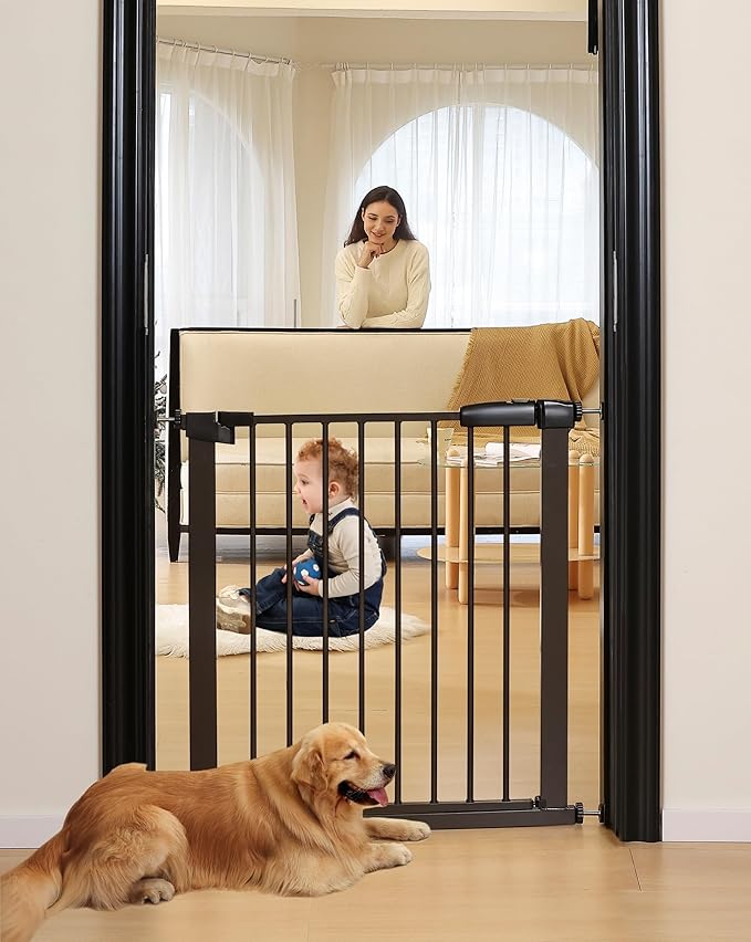 30.47"-32.64" Baby and Pet Safety Gate, 30" Tall Metal Walk-Thru Gate for Doorways & Stairs, Easy One-Hand Open, Dual Lock (Brown, 29" W x 30.5“H)