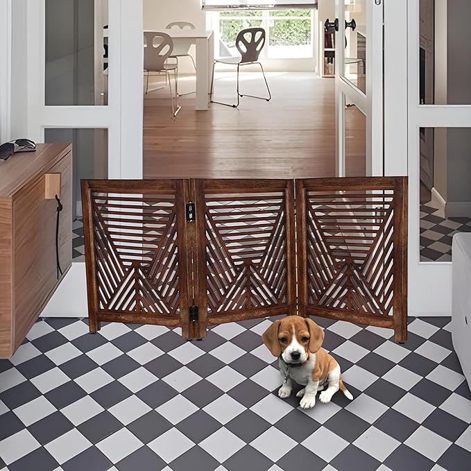 Lightnpro Geometric Wooden Dog Gate - Stylish Freestanding Foldable Indoor Pet Barrier, Extra-Wide Safety Gate for Dogs & Small Pets, Perfect for Stairs & Entryways - 24x54 Inch Natural Burnt Finish