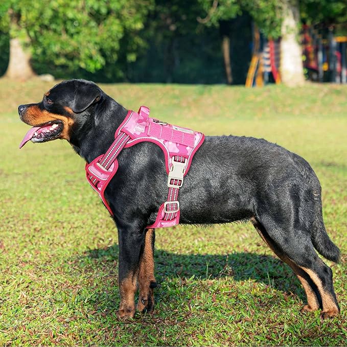 Beebiepet Heavy Duty Tactical Dog Harness for Large Dogs, No Pull Adjustable Pet Harness Reflective Service Training Easy Control Pet Vest Military K9 Working Dog Harnesses-X- Large, Pink Camo