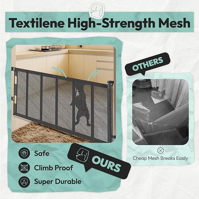 34" H Tall Mesh Dog Gate Extends Up to 120" W Retractable Pet Gate with Drill Installation, Preventing Crawling Through for Stairs, Doorways, Indoor & Outdoor (Gray)