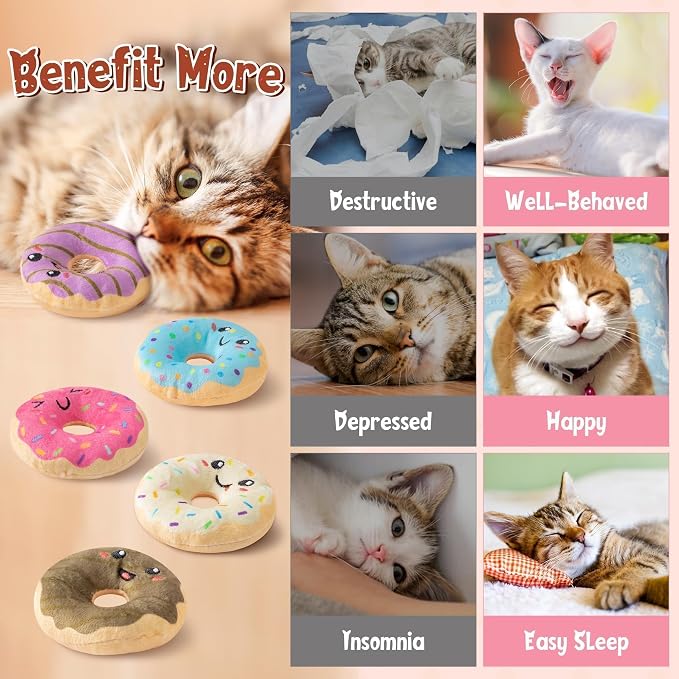 L1rabe Donut Catnip Stuffed Toys for Cats - 5Pcs Black Cat Appreciation Day Funny Dessert Organic Cat Toys Pet Supplies, Indoor Cats Chew Bite Teething Tools Kittens Catmint Interactive Supplies - Image 4
