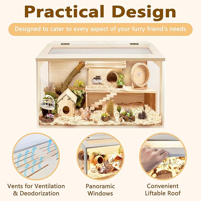 PROLEE Hamster Cage with Chewproof Wood Top, Guinea Pig Cages, Hamster Habitat with Clear Acrylic Sheets Solid Built, Small Animal Cage (Oak, 24X15.5X15.5 inch)