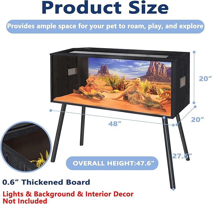 Prolee 80 Gallon Reptile Tank, Tempered Glass Bearded Dragon Tank with Wooden Roof and Lockable Doors, Large Lizard Habitat with Built-in Lamp Fixture for Snakes, Iguanas, Chameleons (Black)
