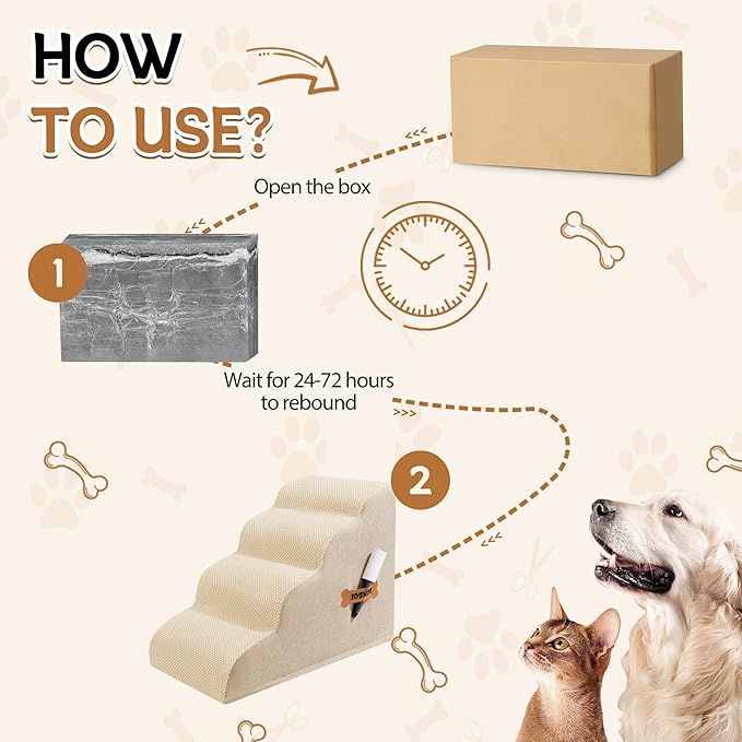 Dog Stairs, Romrol Dog Steps Ramp for High Bed and Couch, Dogs Ramp with Durable Non-Slip Waterproof Fabric Cover, Pet Stairs for Small Dogs and Cats or Pets Joints, 4-Tiers, Beige