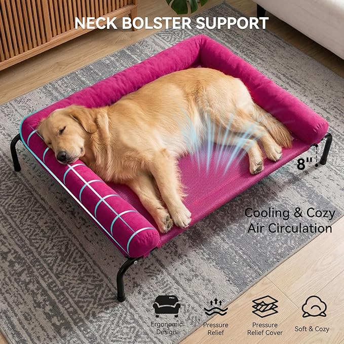 Cooling Elevated Dog Bed for Large Dogs, Outdoor Raised Dog Beds Portable Dogs Cot Bed W/Breathable Mesh, Pet Cots W/Removable Waterproof Bolster