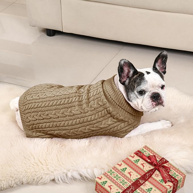 2 Pack Dog Sweaters for Medium Dogs Winter Turtleneck Pullover Cable Knit Fleece Stretch Frenchie Dachshund Pug Corgi Beagle Boy Girl Pet Clothes (L, Red & Brown)