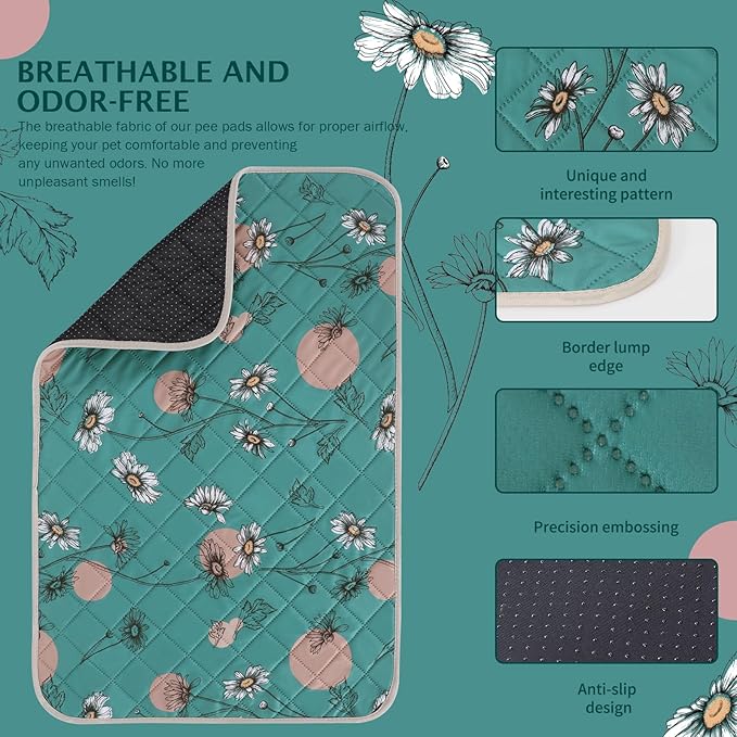 IEUUMLER Washable Pee Pads for Dogs, 2 Pack Non-Slip & Waterproof Pack Whelping Pad, Reusable Washable Puppy Potty Training Pad with Fast Absorbent for Playpen EU007 (Teal Daisy, 24"X48"-2pcs)