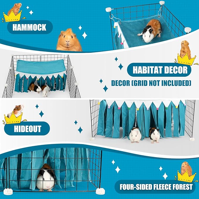 Guinea Pig Hideout - Guinea Pig Corner Hideout, Four-Sided Fringes, Rectangular Top and Washable Hides, Suitable Hides for Guinea Pigs and Rabbit, No Metal Fences, Blue
