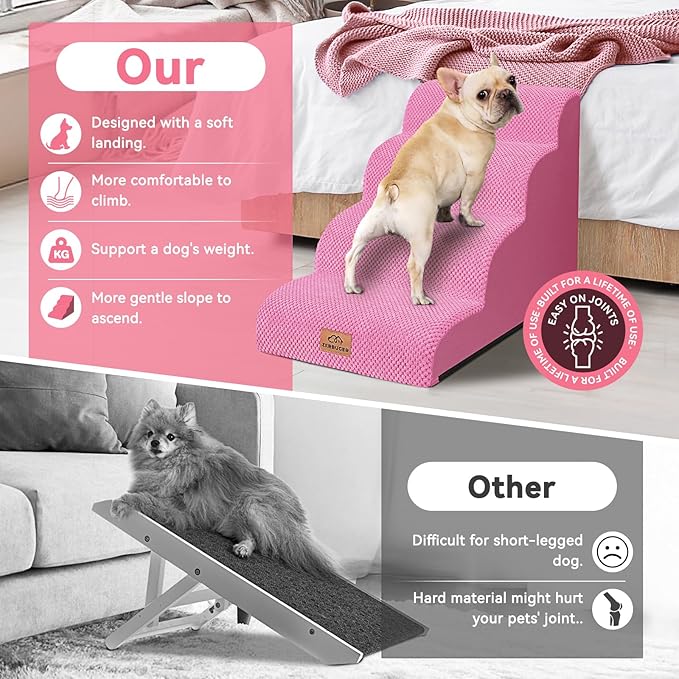 Zerbuger Dog Ramp and Stair for Bed 16" H-20 H,3-Step Cat Stair for Sofa and Chair,4-Step Dog Ramp for High Bed and Window,Durable Nonslip Fabric Cover for Indoor (Pink-20 H, Pet Friendly, 4)