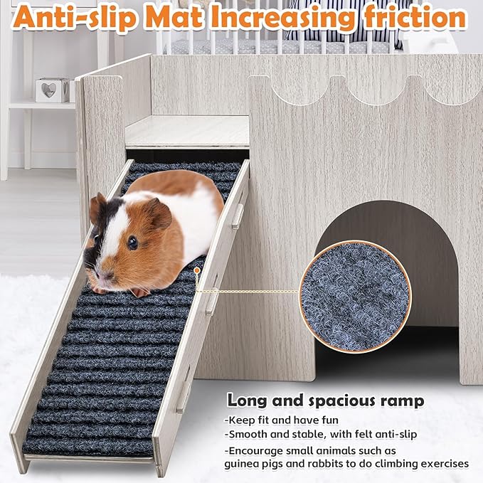 PINVNBY Large Wooden Guinea Pig Hideout with Water and Hay Feeder Ramp Easy to Assemble Wood Bunny Castle Hamster House for Small Animal Chinchilla Rat Rabbit Bunny Hedgehog