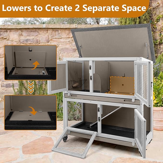 2 Story Rabbit Hutch Indoor with 2 Deeper Pull-Out Trays, Wooden Rabbit Cage with 4 Lockable Wheels, Ramp, Chew-Anti Metal Strip for Rabbit, Guinea Pig, Hamster(36" L x 17.8" W x 36.7" H)