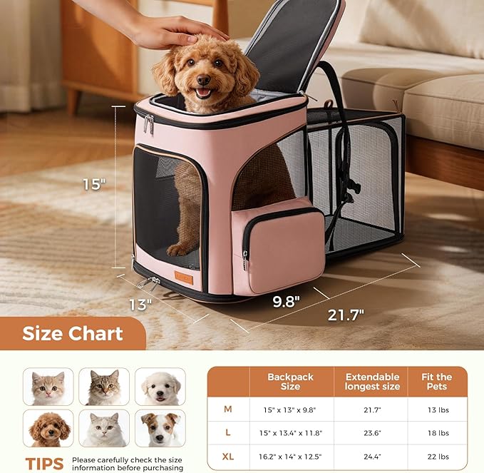 Lekereise Pet Carrier Backpack Expandable Cat Backpack for Small Dogs Cats, Dog Backpack Bag with Breathable Mesh, Pink